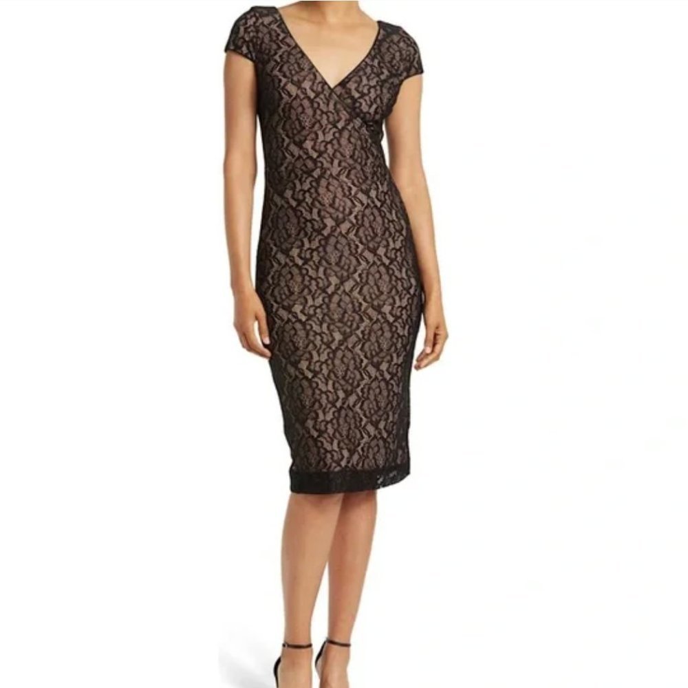 NWT Dress the Population Black Lace Faux Wrap, Medium